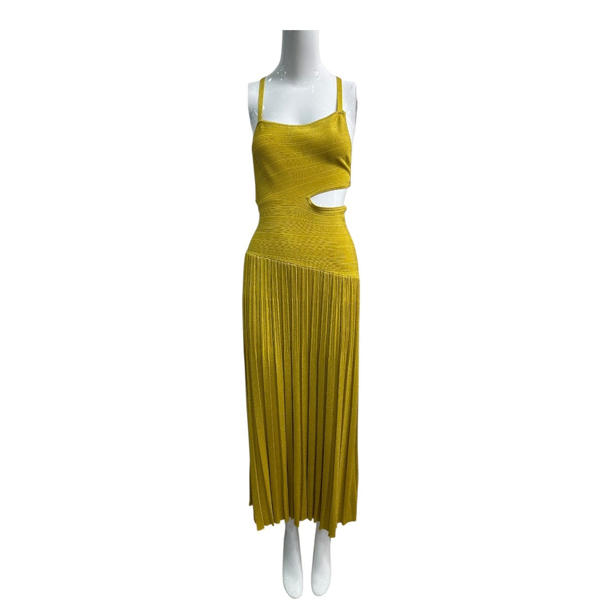 Zimmermann Mustard Metallic Rib Knit Cutout Gathered Midi Dress