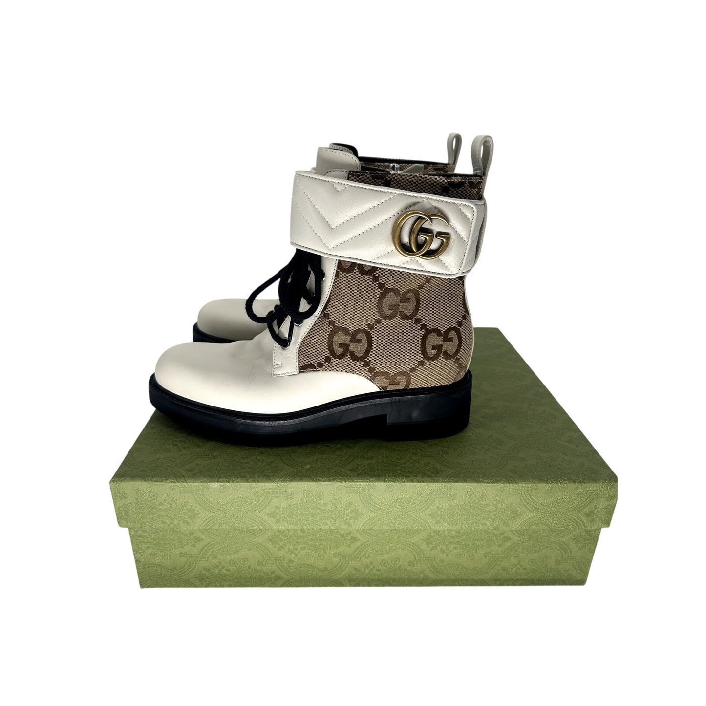 Gucci Leather GG Canvas Logo Plaque Ankle Combat Boots