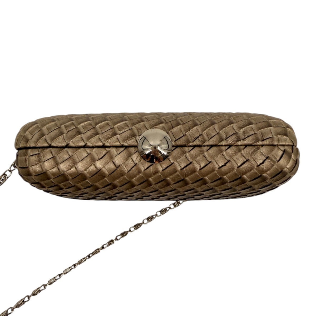 Woven Metallic Box Clutch Bag Taupe Bronze Push Clasp Silver Chain Evening Purse