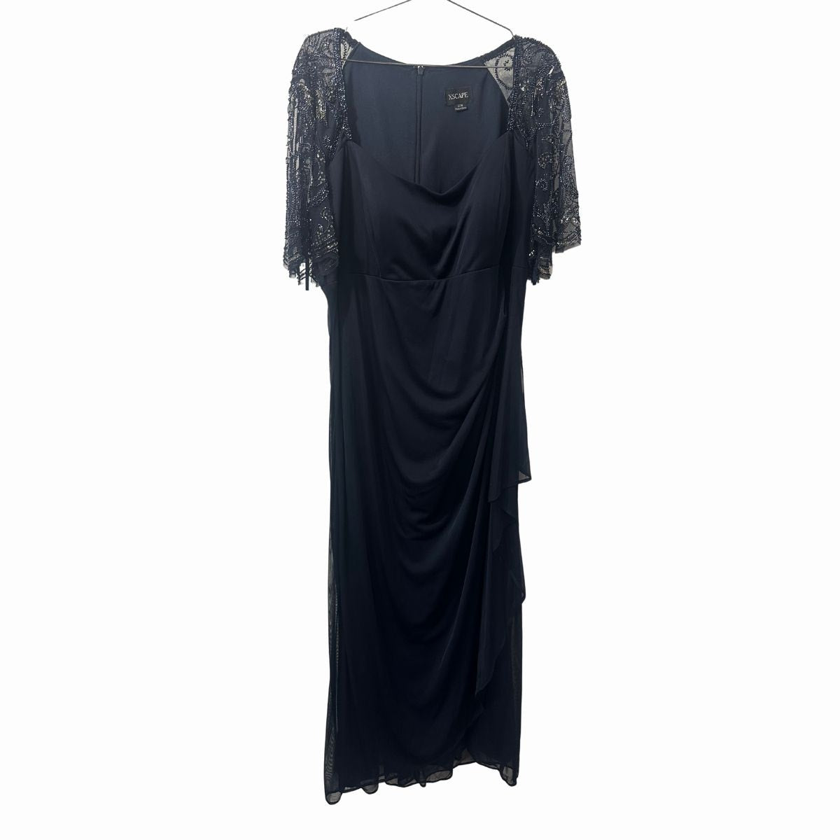 Xscape  Sheer Sequin Beaded Sleeve Ruched Jersey Maxi Dress