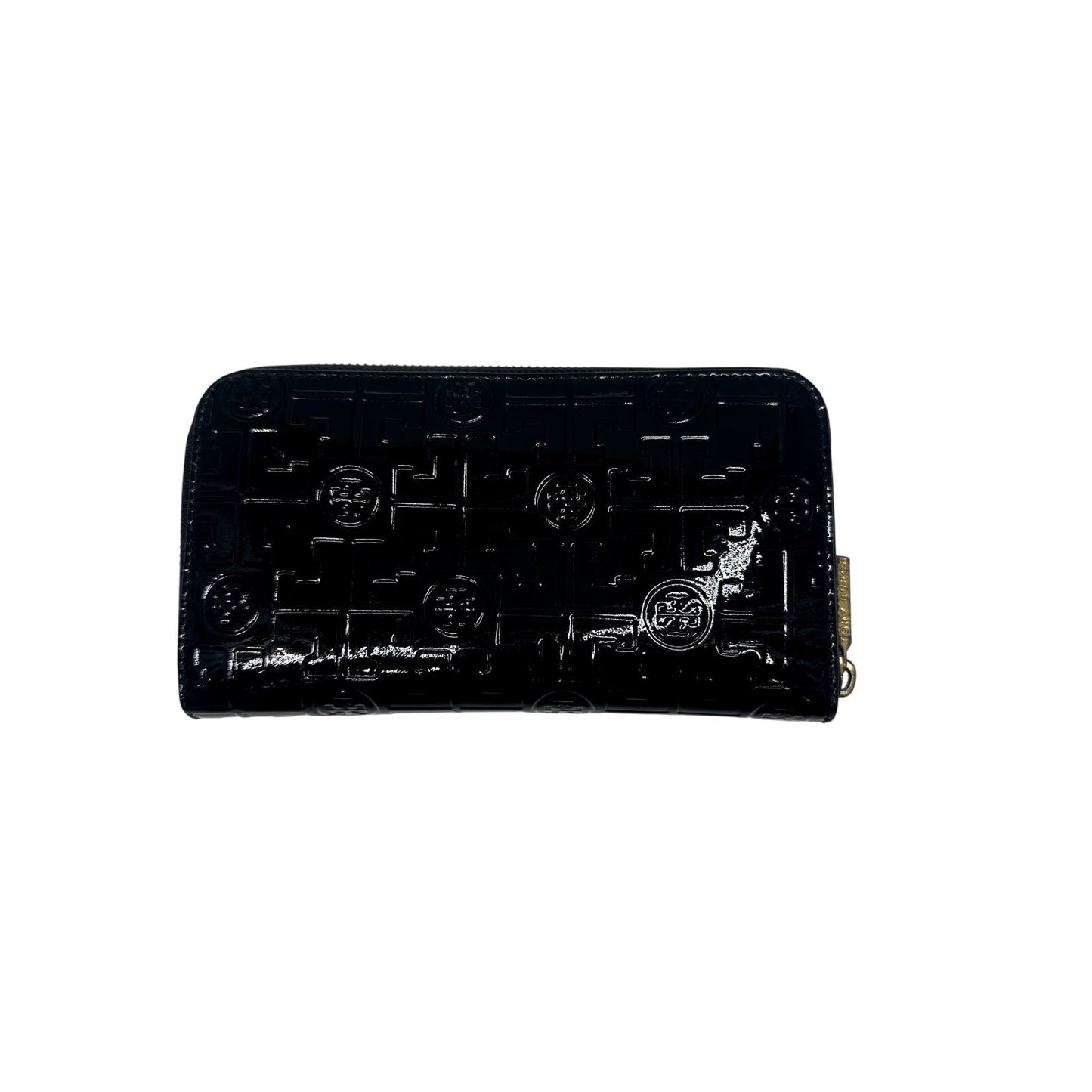 Tory Burch Patent Leather Embossed Print Logo Zip Around Wallet Black