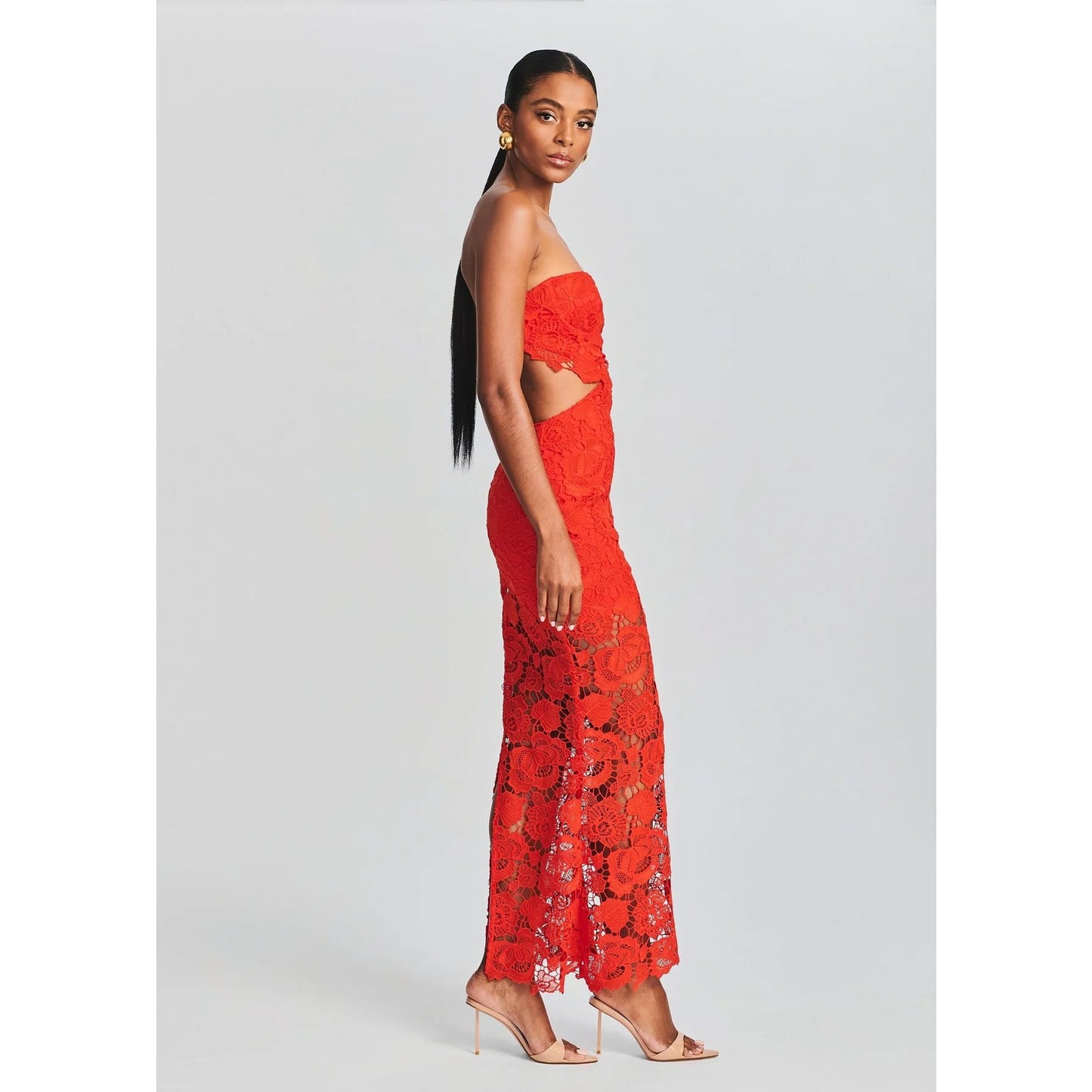 Retrofête Eliza Strapless Floral Lace Bodycon Maxi Dress in Orange, Women’s Size S