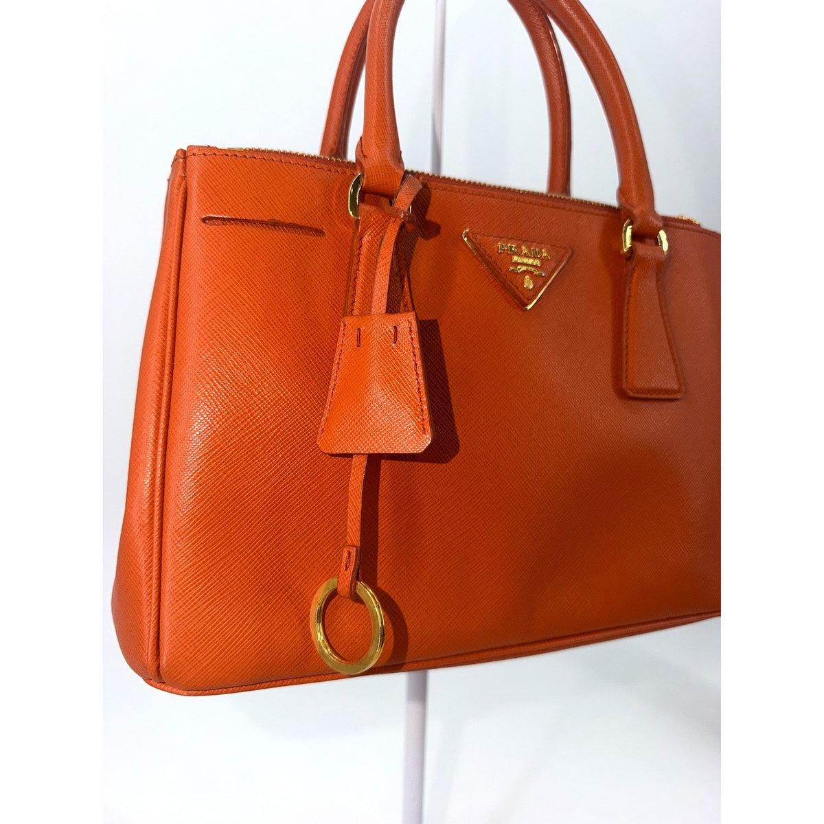 Prada Galleria Saffiano Leather Small Double Zip Tote Orange Gold Hardware Strap