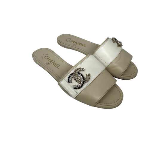 Chanel Leather Pearl Crystal CC Logo Slide Mules