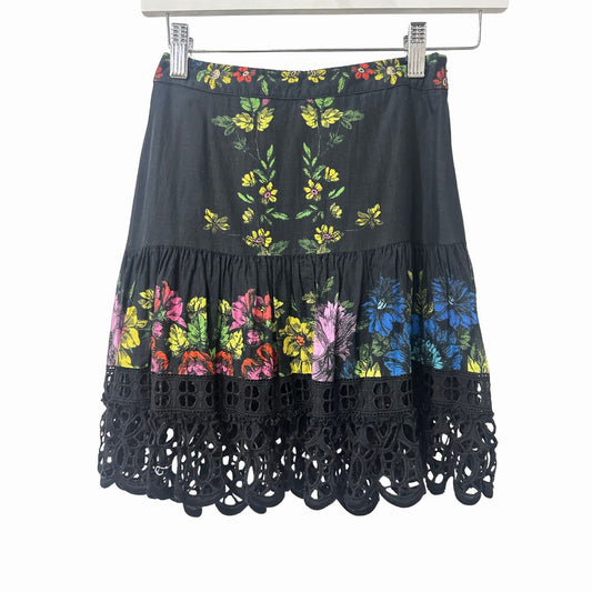 Charo Ruiz Ibiza Eibis Mini Skirt Black Floral Print Lace Trim