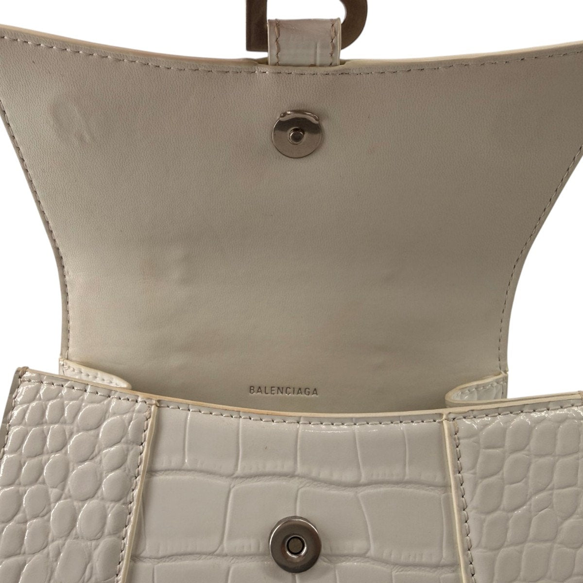 Balenciaga Hourglass Croc Embossed Leather Top Handle Bag White