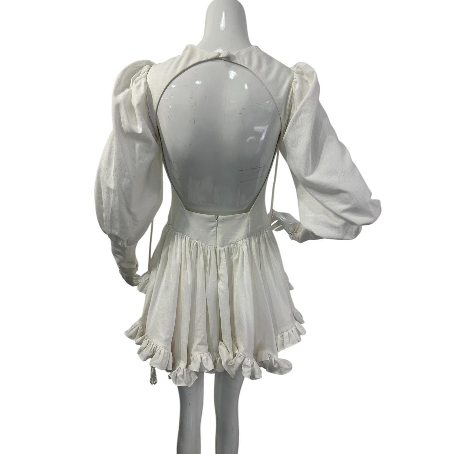Ivory Atelier Sweetheart Neck Ruffled Hem Puff Sleeves Open Back Mini Dress