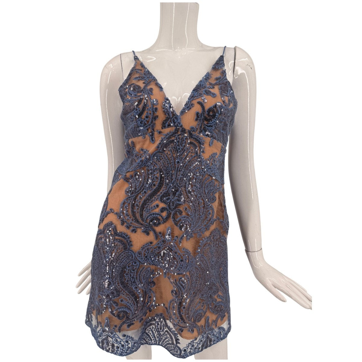 Free People Night Shimmers Mini Dress Blue Sequin Paisley Nude Women's Size 0