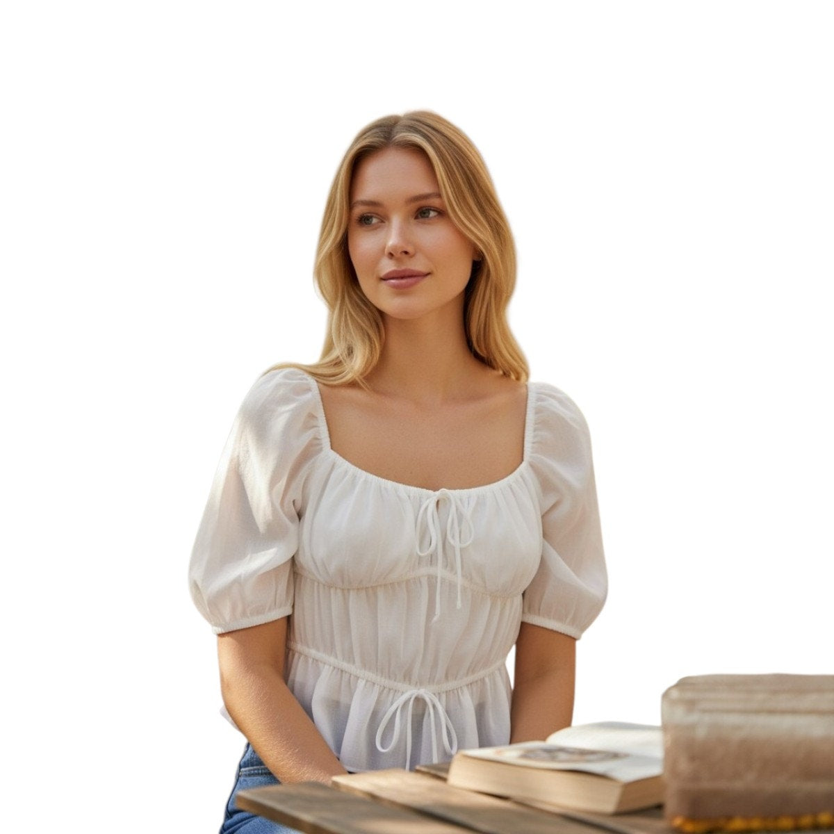 More to Come Olivera Sheer Off The Shoulder Puff Sleeves Blouse Top White Size M