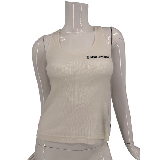 Palm Angels Cotton Ribbed Logo Scoop Neck Tank Top Cream Women's Size XXS