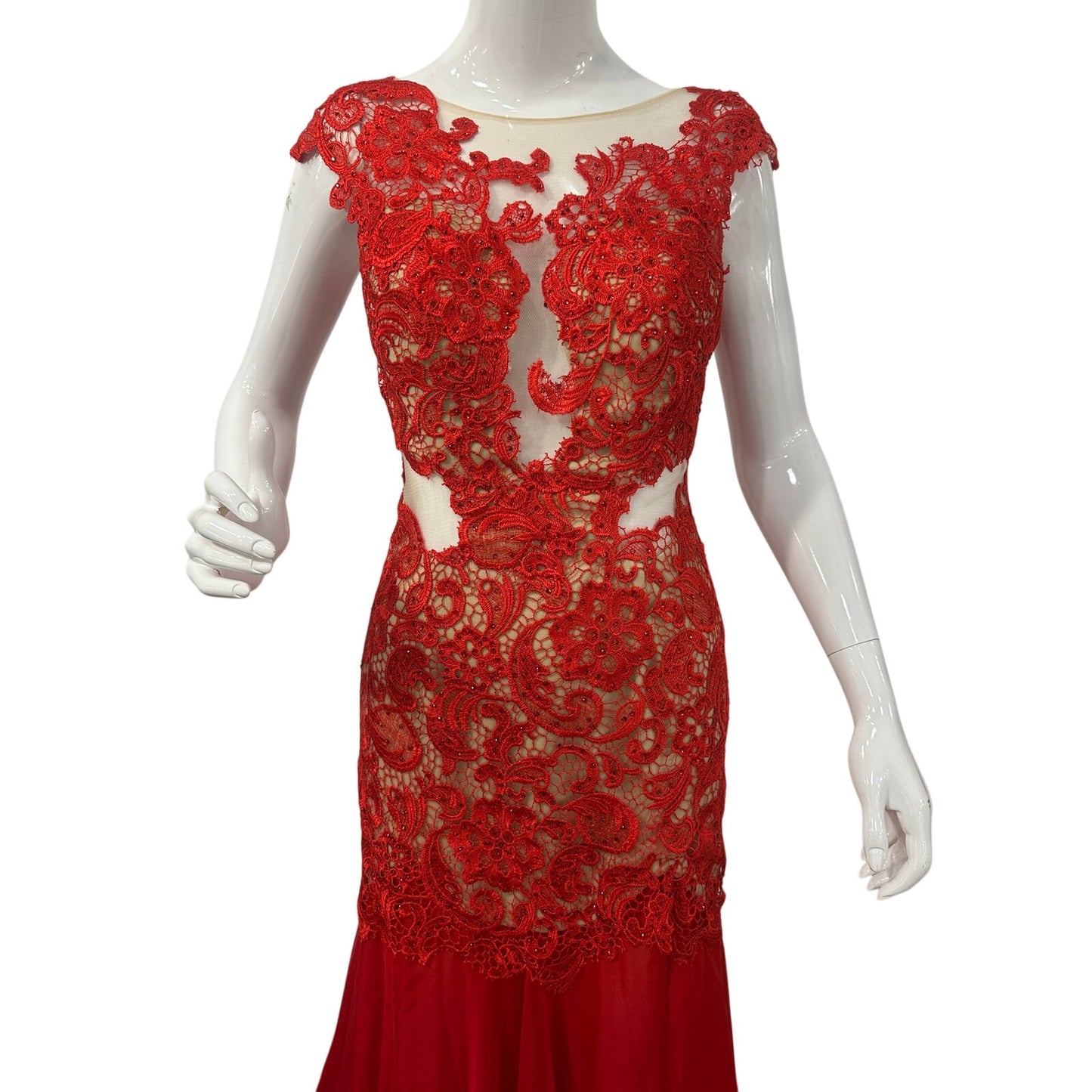 Mac Duggal Floral Lace Illusion Mermaid Evening Gown Red Women's Size 4