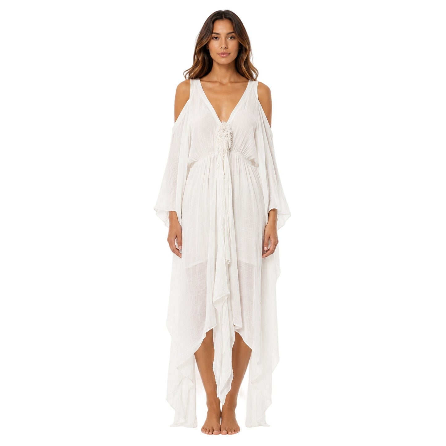 Elsa Cohen Gauze Fringe Tassel Cold Shoulder Caftan Maxi Dress White One Size