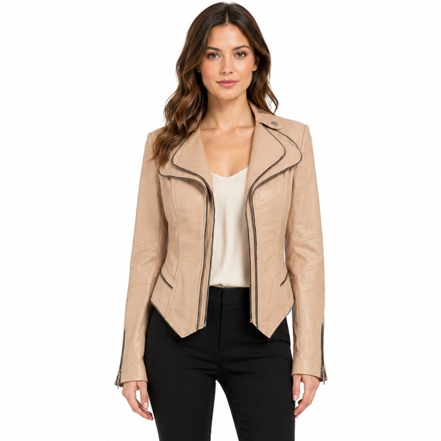 G.I.L.I. Genuine Leather Zip Up Moto Jacket Nude Beige Size 0