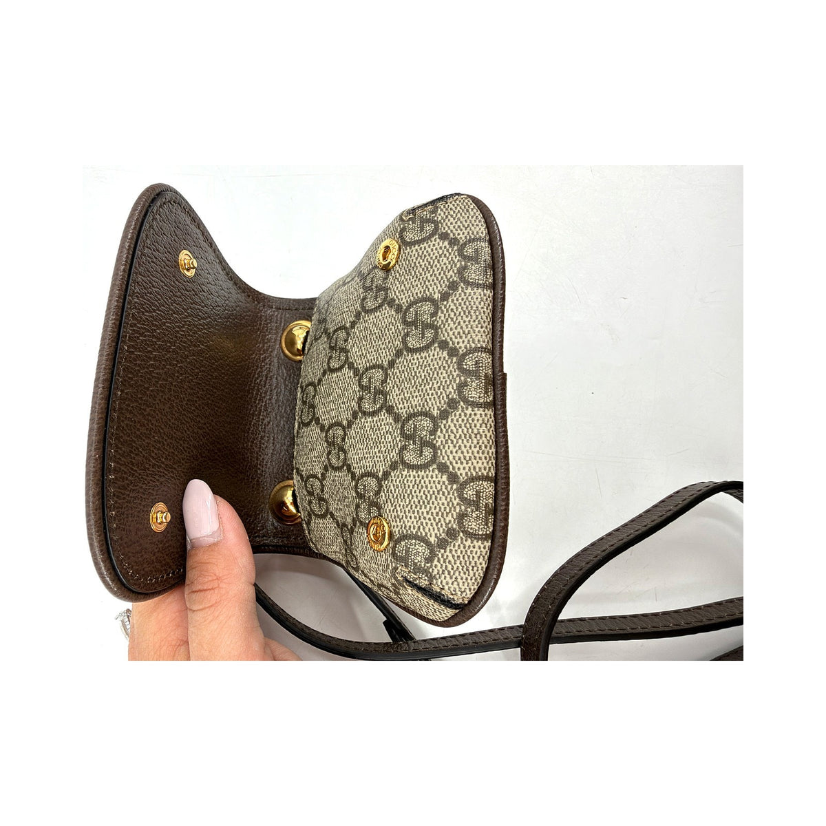 Gucci Blondie Mini GG Supreme Canvas Crossbody Bag Brown Gold Round G