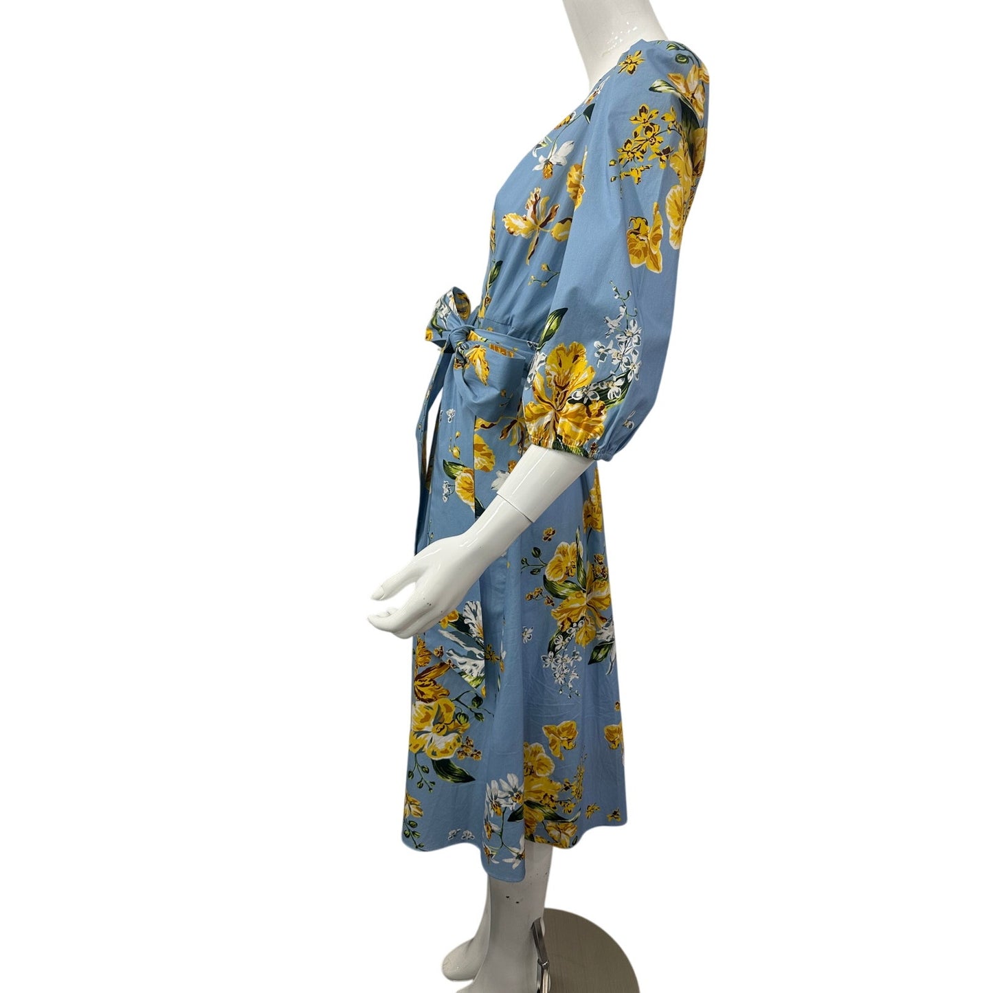 Marchesa Notte Floral Puff Sleeves V-Neck A-Line Midi Dress Blue