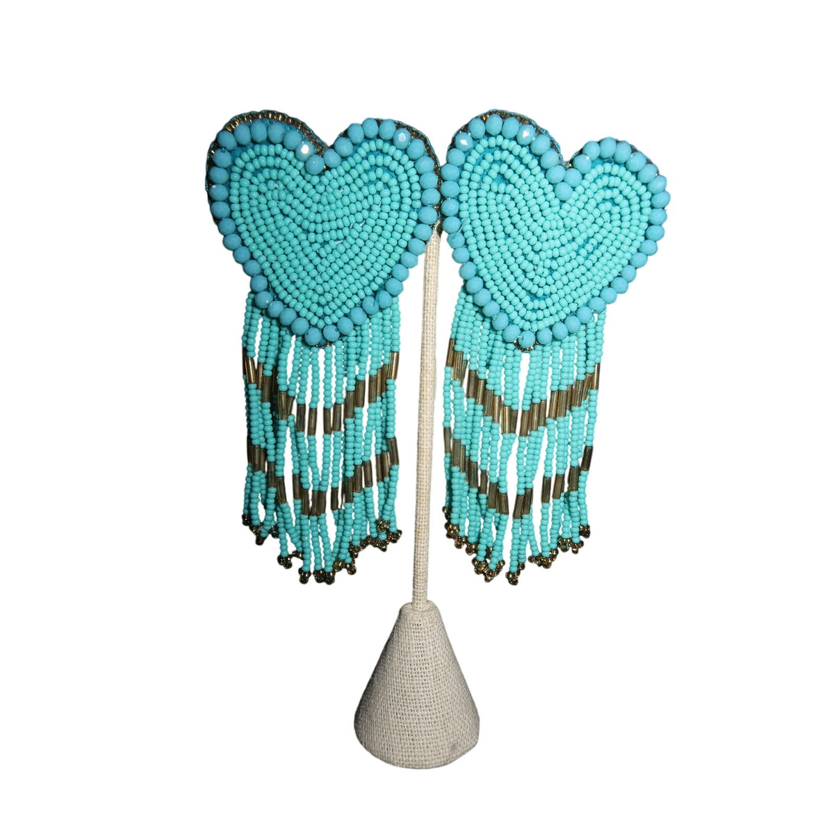 Turquoise Beaded Heart Dangle Earrings Long Tassel Statement Earrings