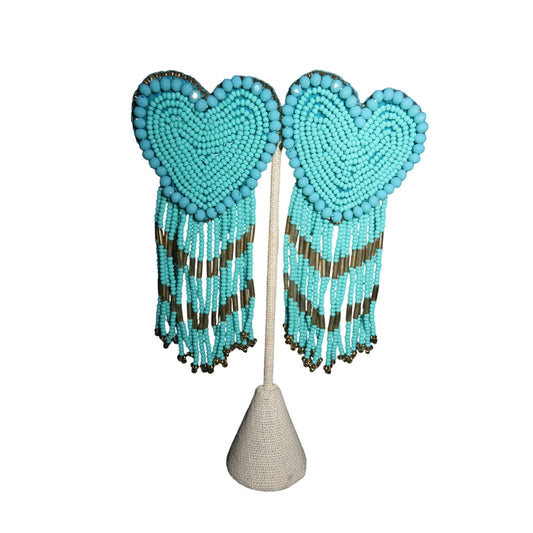 Turquoise Beaded Heart Dangle Earrings Long Tassel Statement Earrings