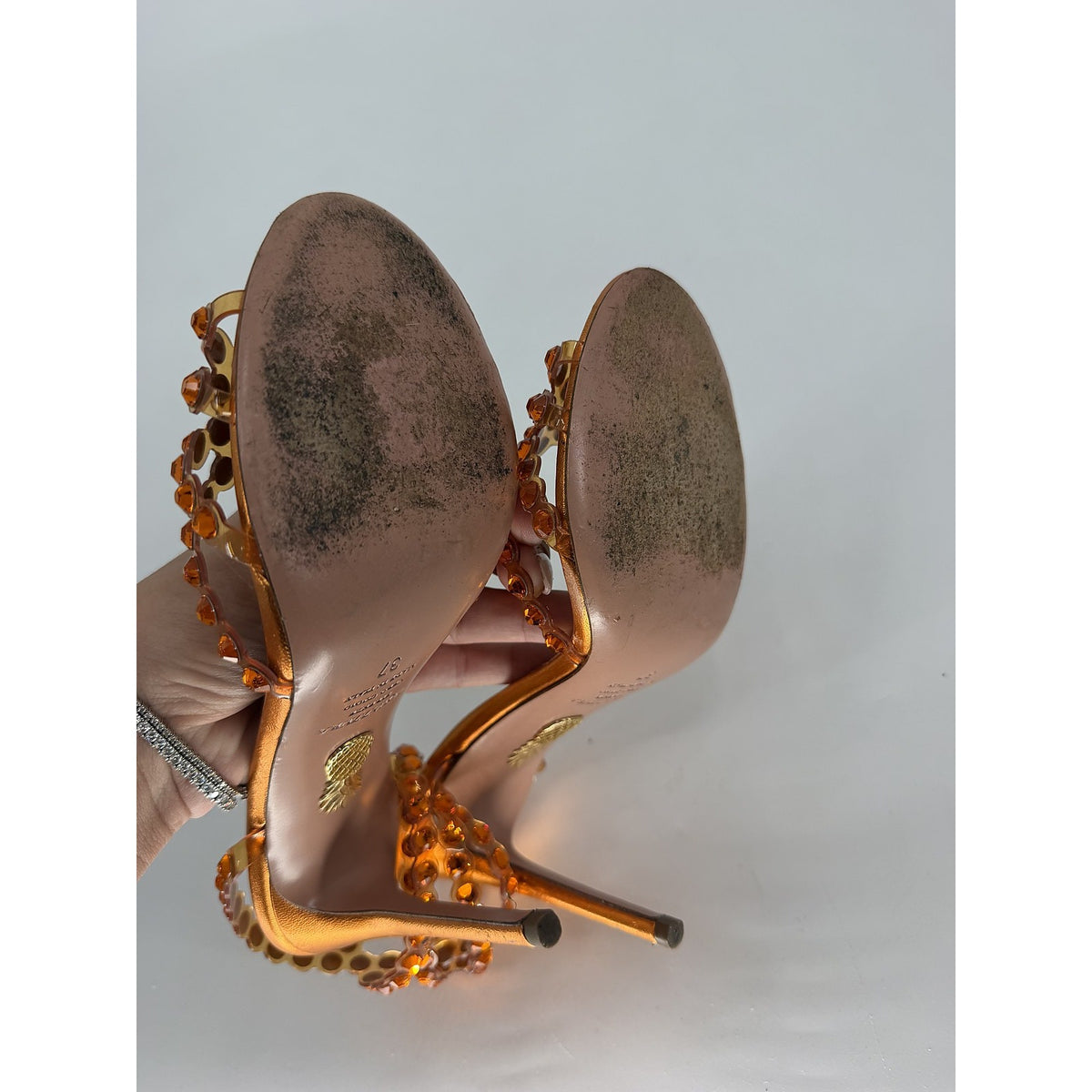 Aquazzura Tequila Plexi Crystal PVC Sandals Orange Copper Metallic Heels 37