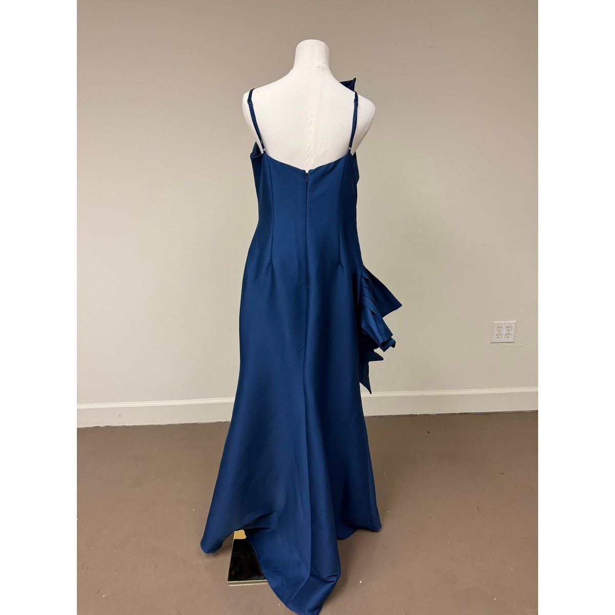 Badgley Mischka Blue Sculptural Swirl Maxi Evening Dress Ruffle Accent