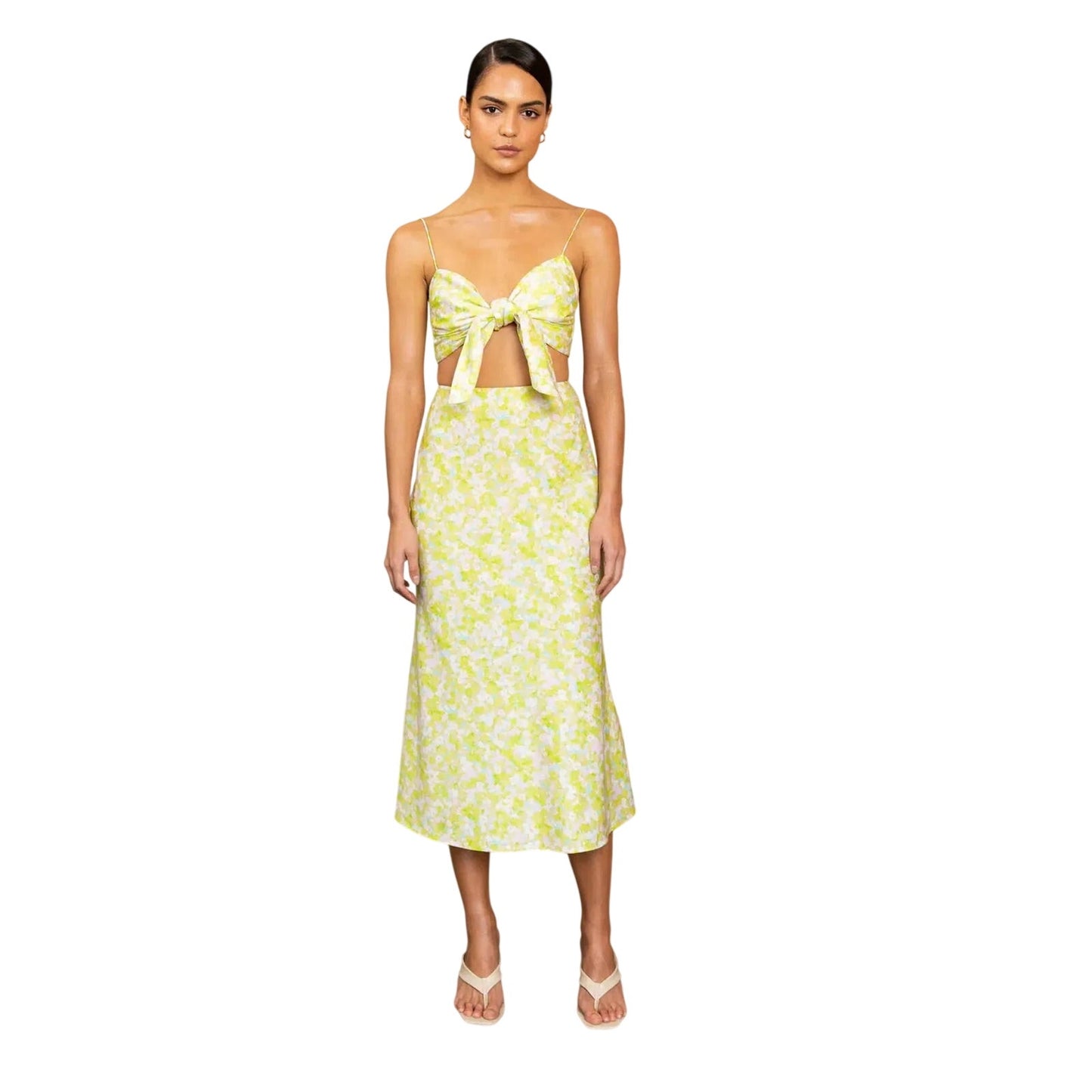 Misha Summer Ditsy Print Everlyn Front Tie Cut-Out Midi Dress
