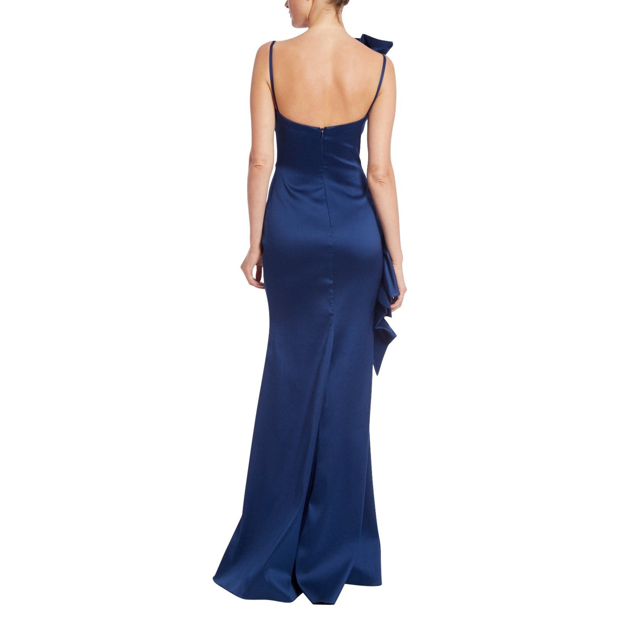 Badgley Mischka Blue Sculptural Swirl Maxi Evening Dress Ruffle Accent
