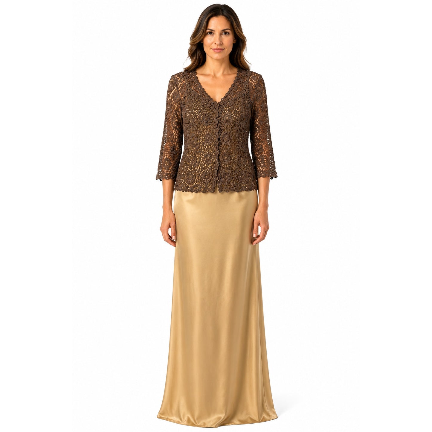 Carmen Marc Valvo Collection Maxi Dress Crochet Lace Cardigan Set
