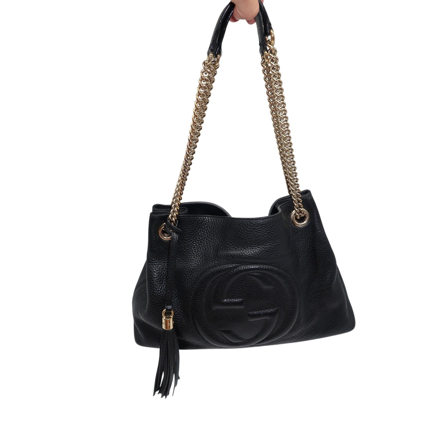 Gucci Soho GG Logo Chain Strap Shoulder Bag Black Pebbled Leather