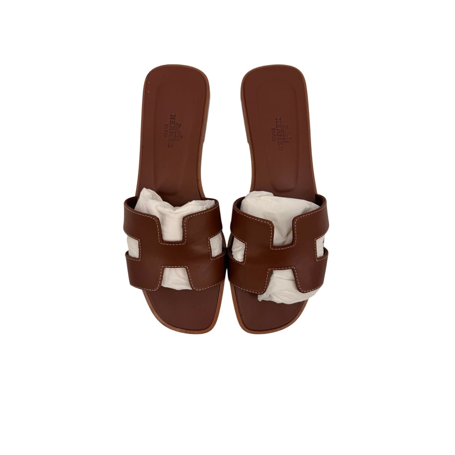 Hermes Oran Leather Open Toe Slip-On Flats Slide Sandals