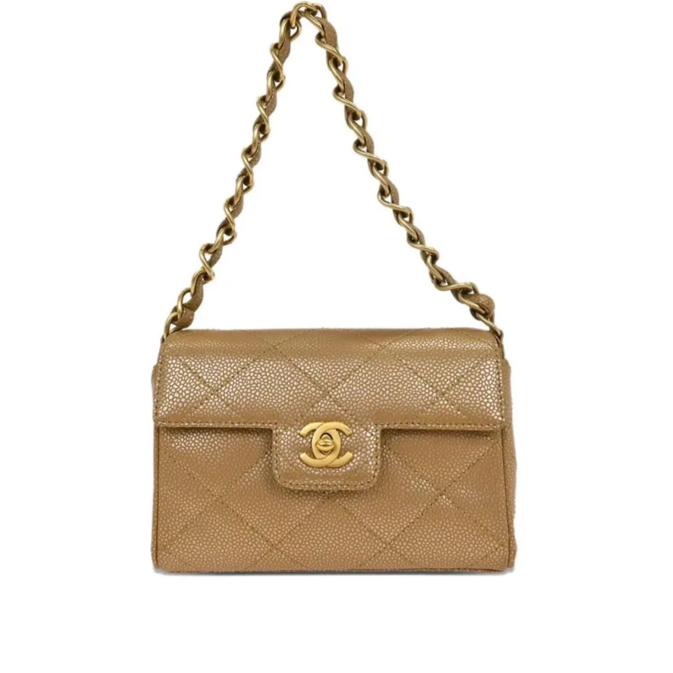 Rare CHANEL Quilted Caviar Shoulder Bag in Tan with 24k Gold Hardware