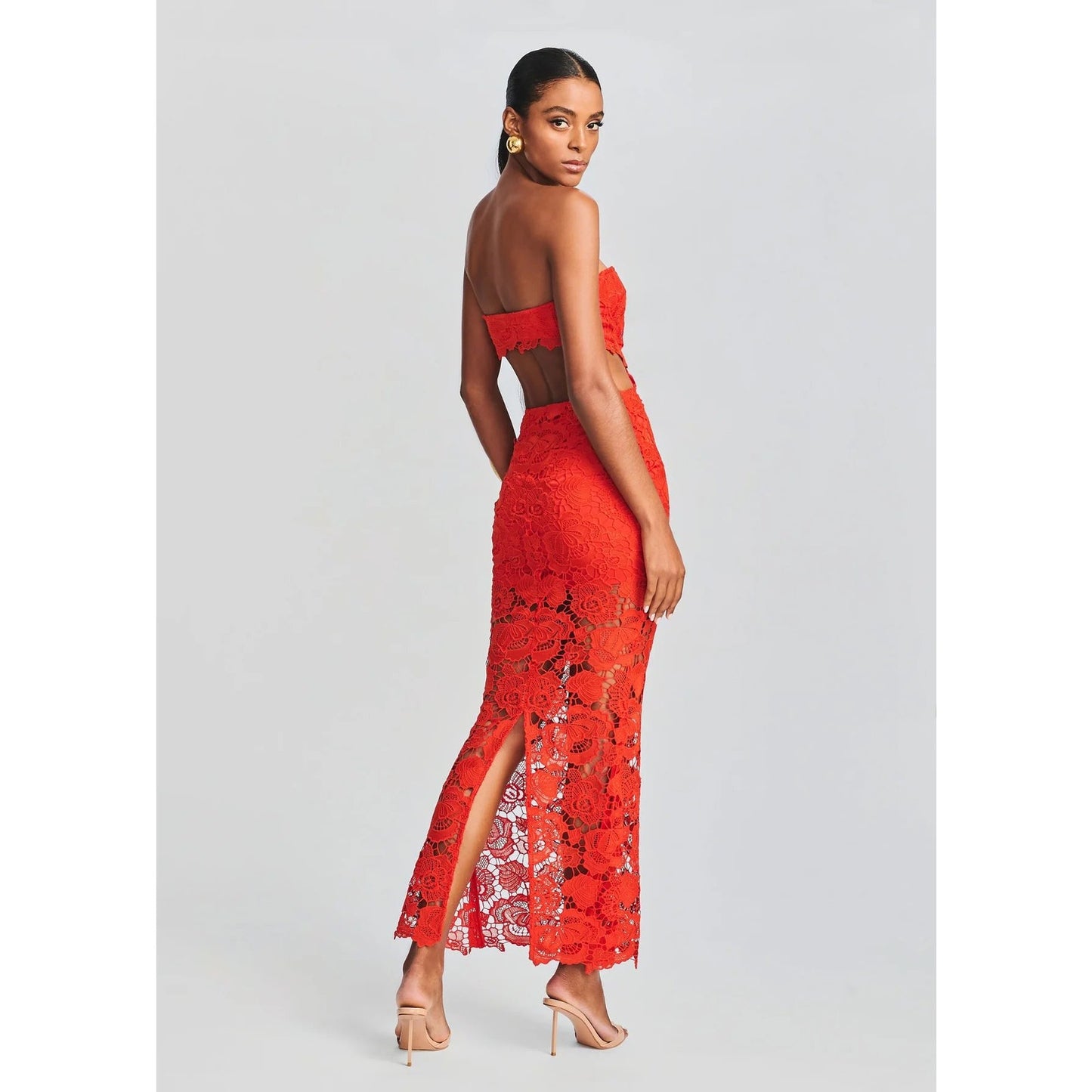 Retrofête Eliza Strapless Floral Lace Bodycon Maxi Dress in Orange, Women’s Size S