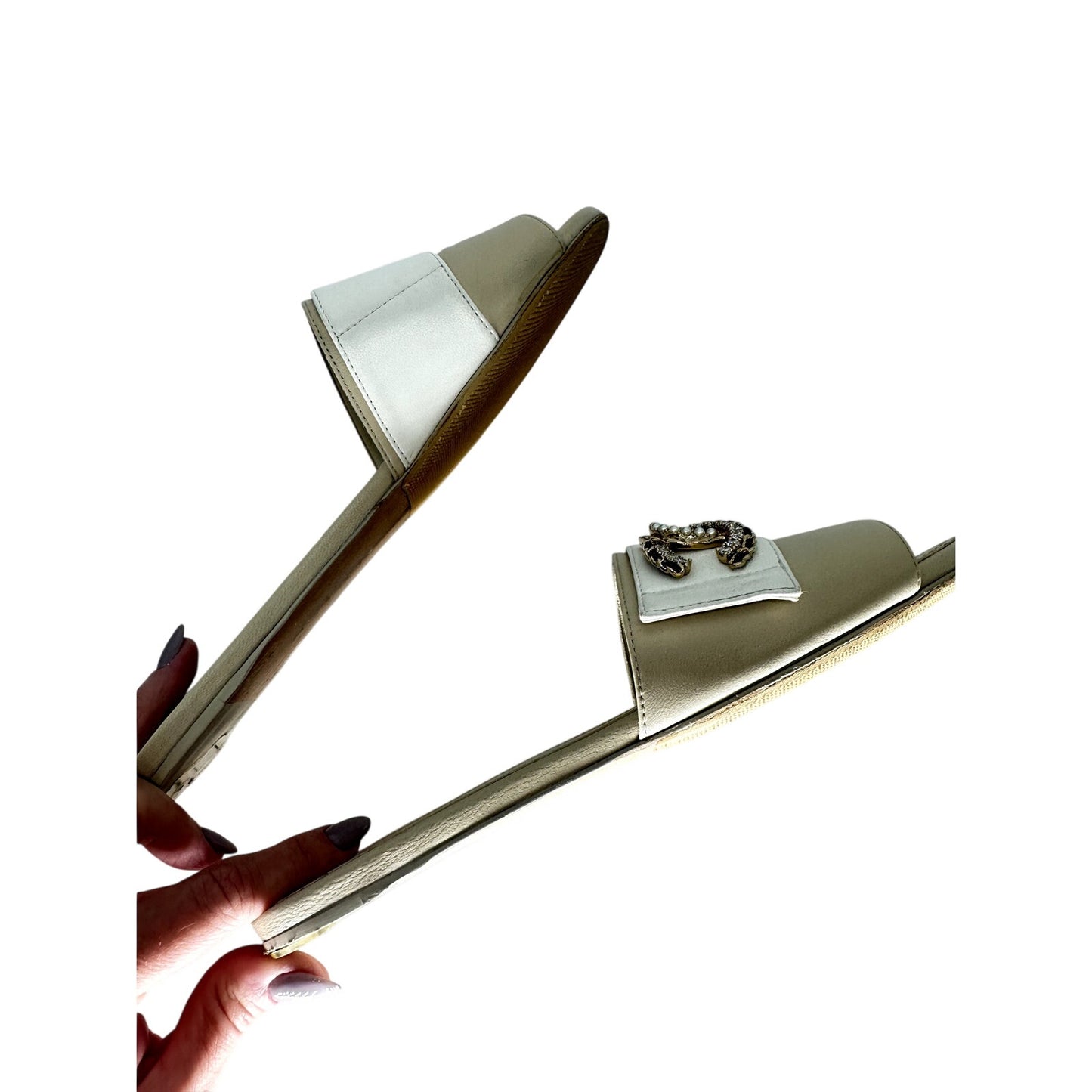 Chanel Leather Pearl Crystal CC Logo Slide Mules