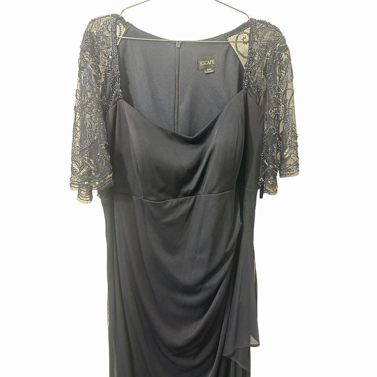 Xscape  Sheer Sequin Beaded Sleeve Ruched Jersey Maxi Dress