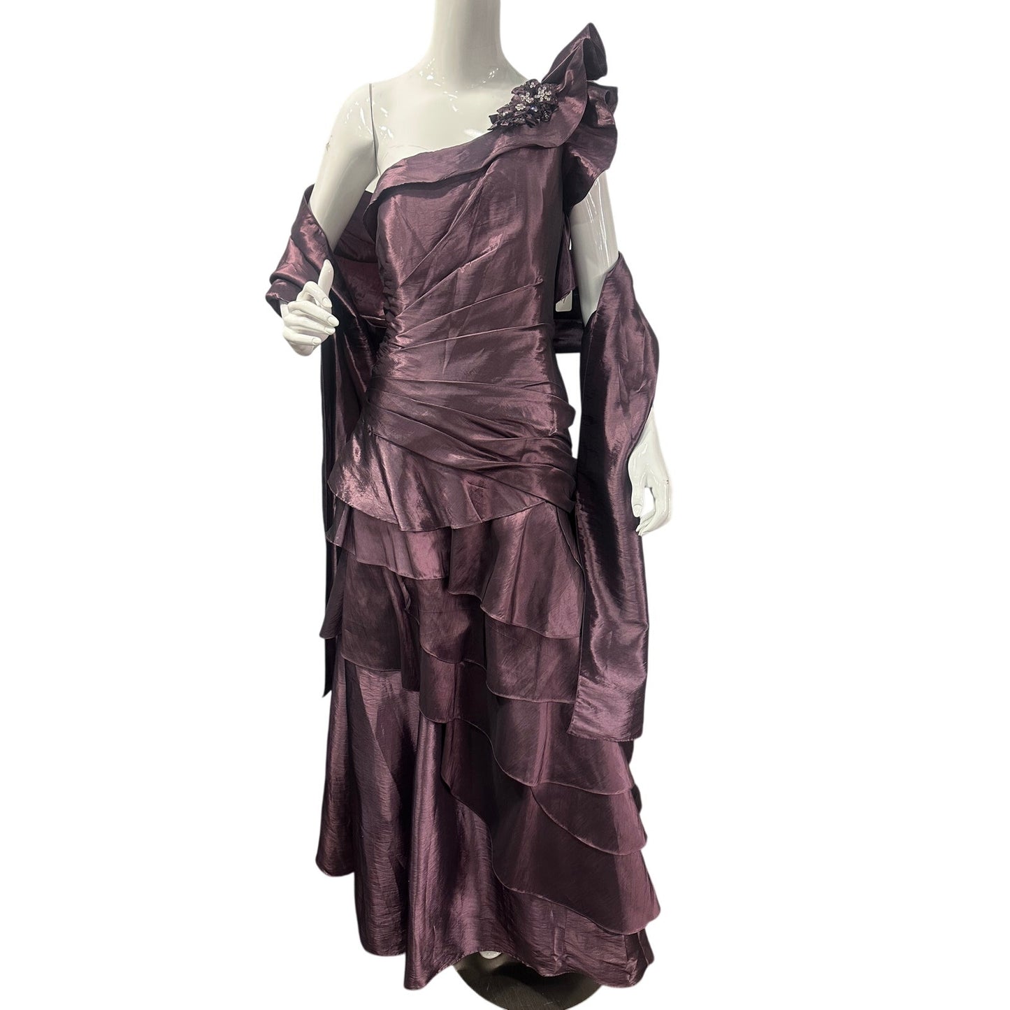 Jade Couture One Shoulder Ruffle Tiered Ball Gown Orchid Shadow