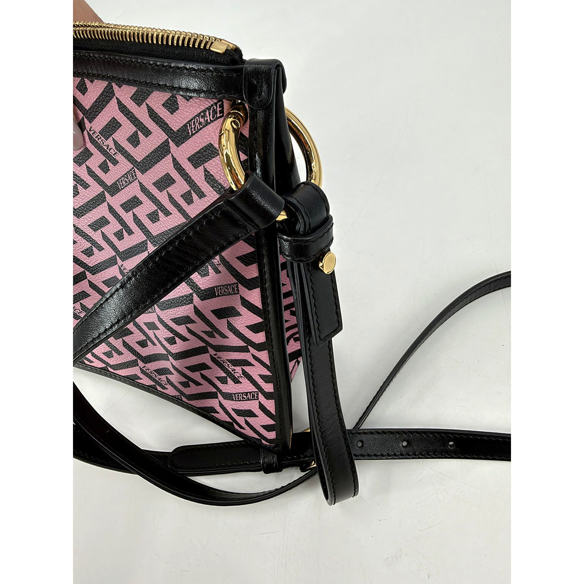 Versace La Greca Pink Black Zip Crossbody Clutch Leather Strap Gold Italy