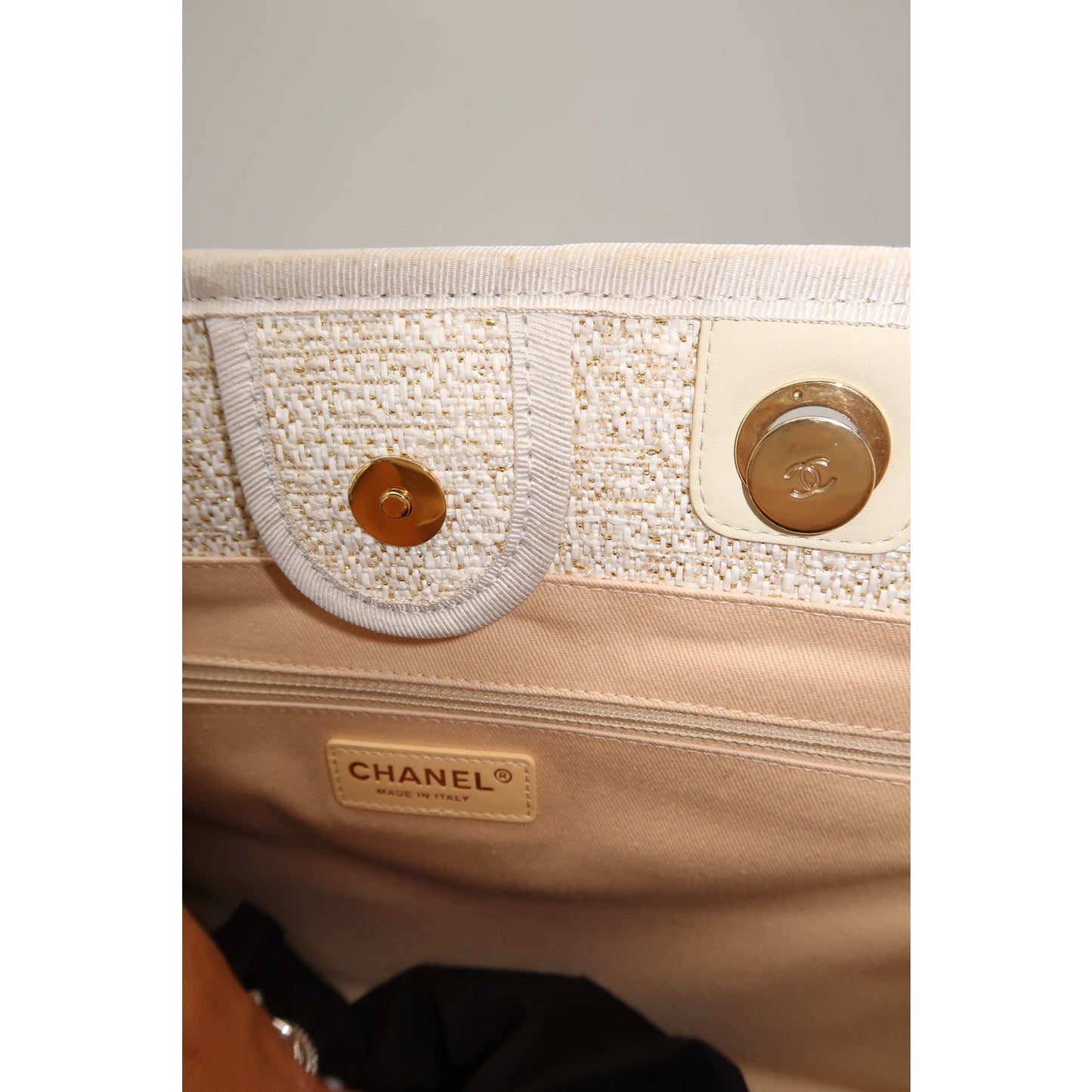 Chanel Raffia Deauville Glitter Logo Accent Tote Bag