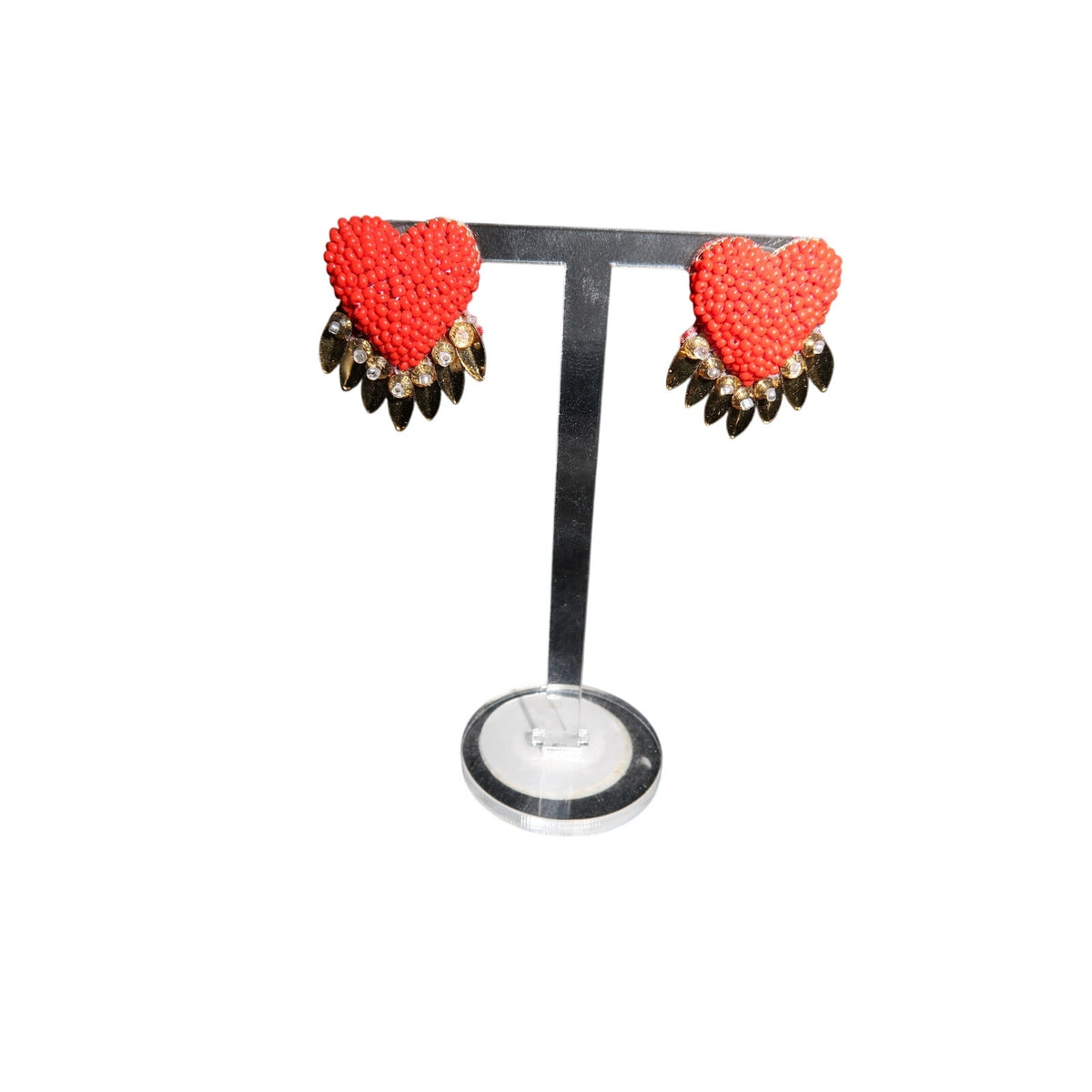 Deepa Gurnani Danika Beaded Heart Fringe Stud Earrings Red Gold Crystal OS