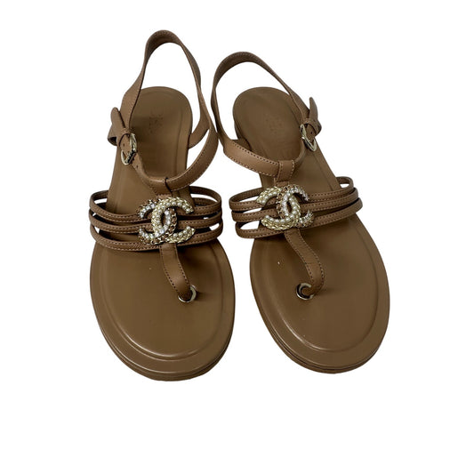 Chanel Leather Interlocking CC Logo Strappy Thong Sandals