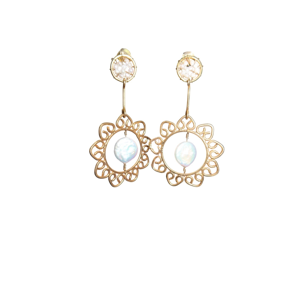 24K Gold Filled Pearl Flower Drop Earrings Handmade Lightweight