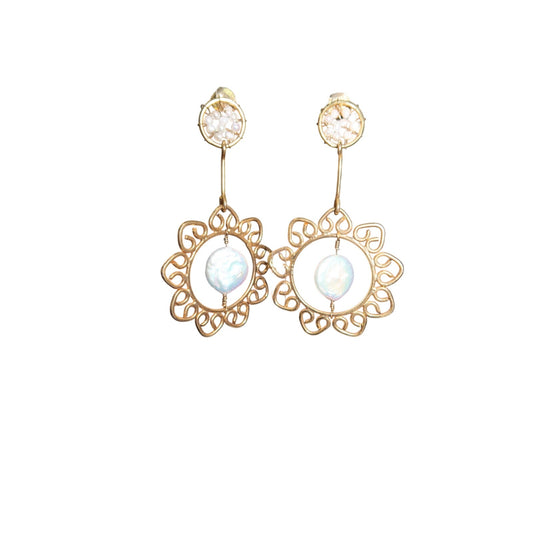 24K Gold Filled Pearl Flower Drop Earrings Handmade Lightweight