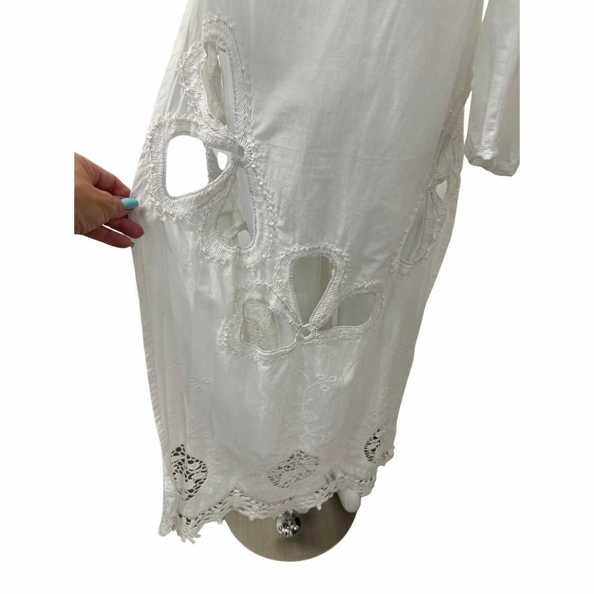 Myriam Annoyave A. Cotton Linen Embroidered Cutout Off One Shoulder Midi Dress