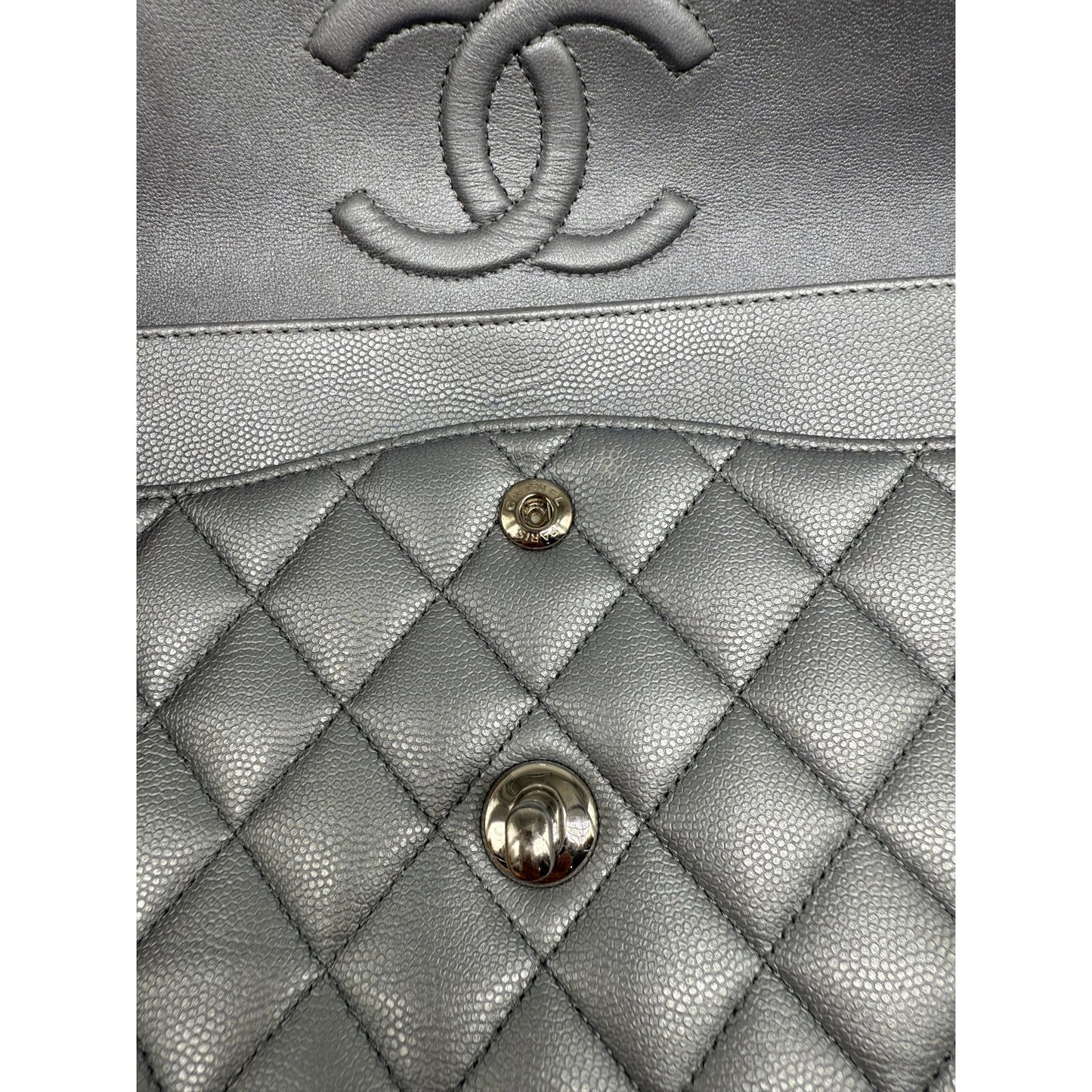 Chanel Leather Quilted Classic Double Flap CC Logo Medium Crossbody Bag Silver