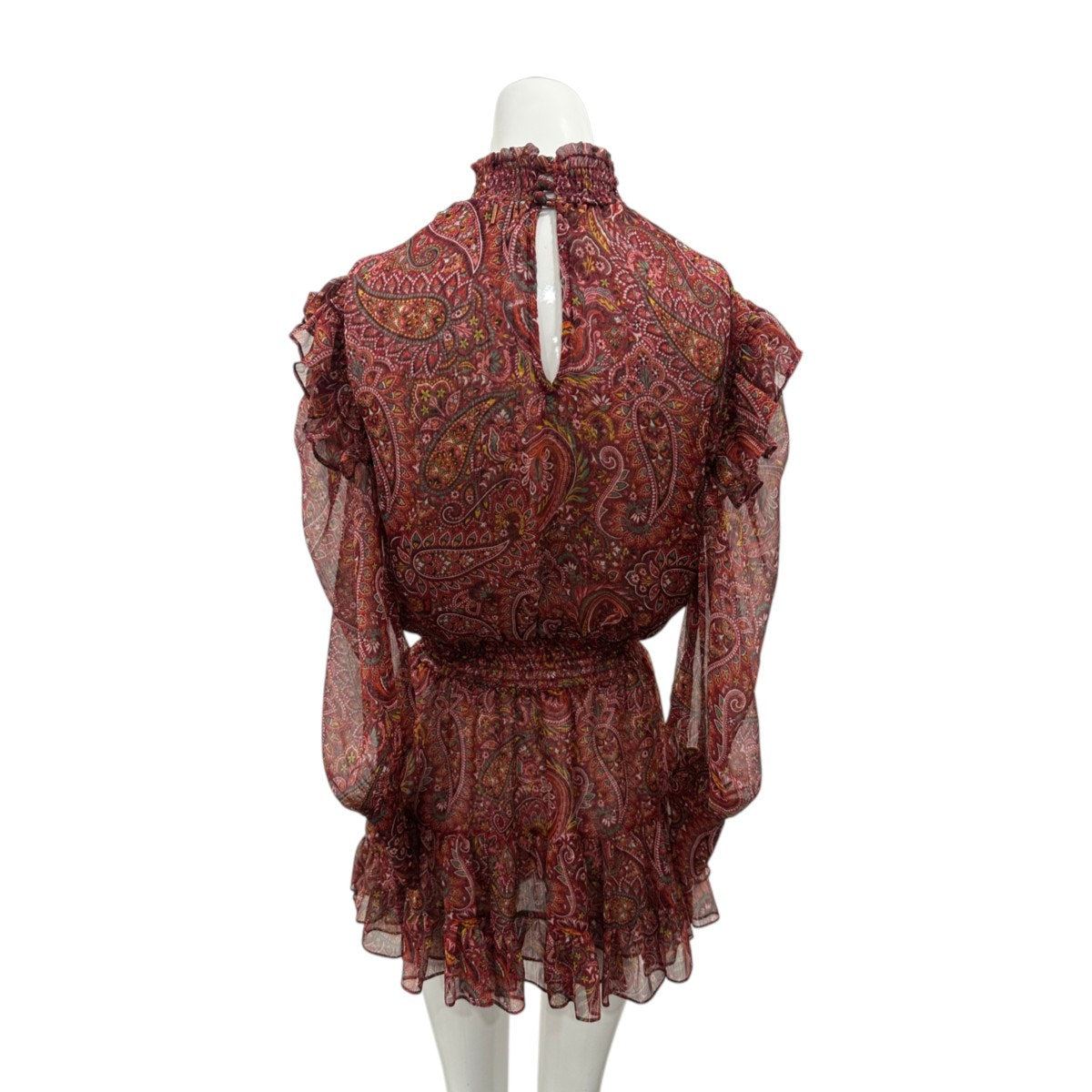 MISA Gianna Bohemian Paisley Chiffon Mini Dress High Neck Ruffle