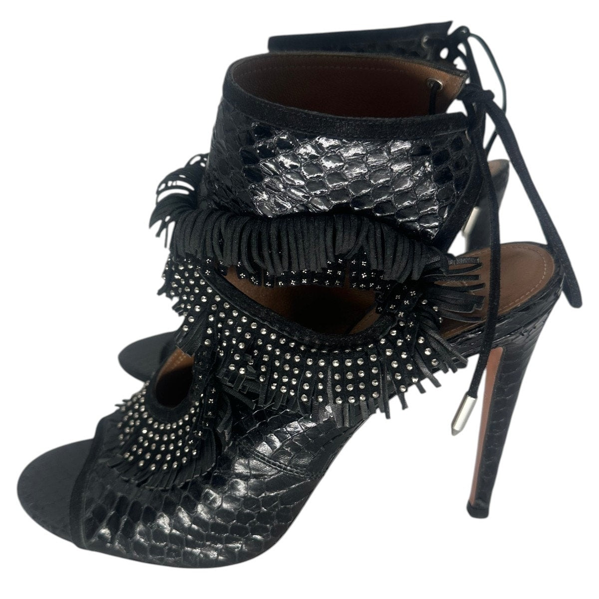 Aquazzura Sexy Thing Studded Fringe Python Stiletto Sandals