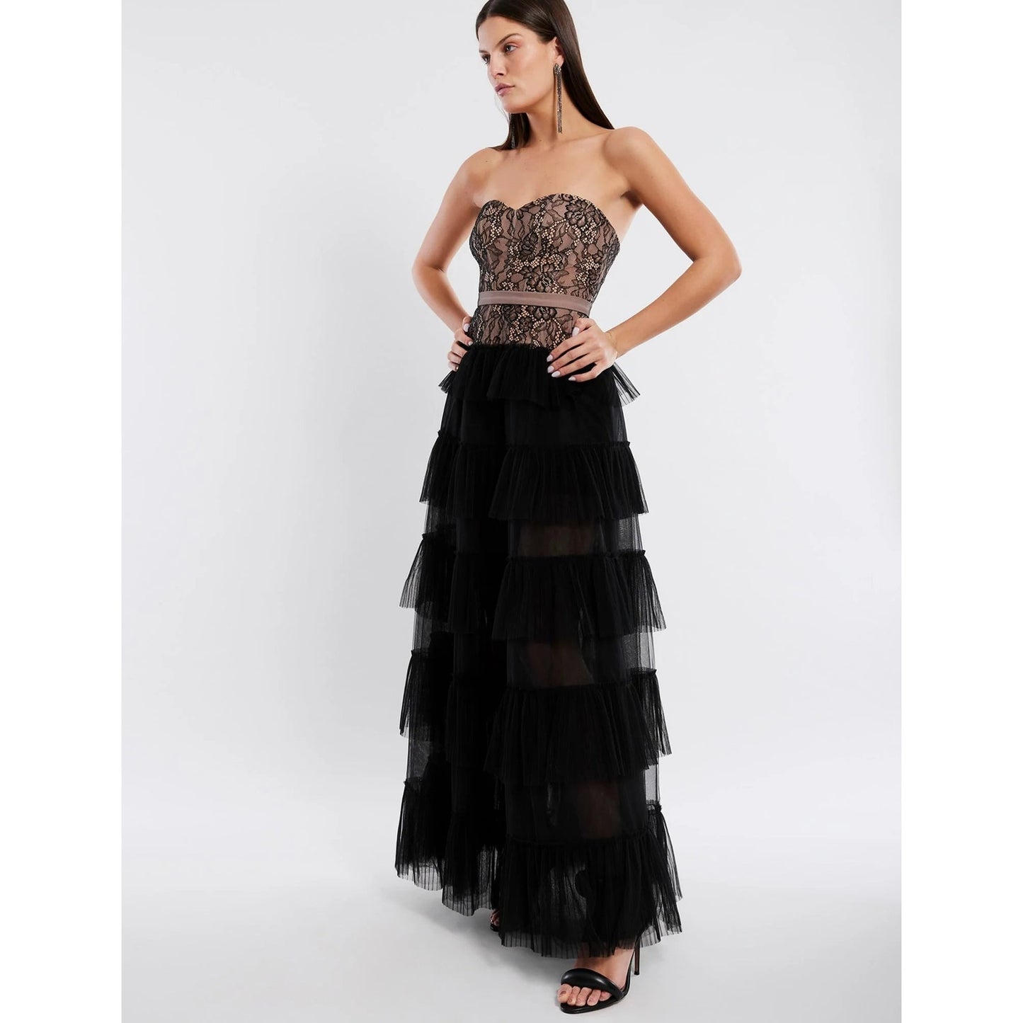 BCBGMAXAZRIA Strapless Floral Lace & Tulle Ruffle Maxi Evening Gown