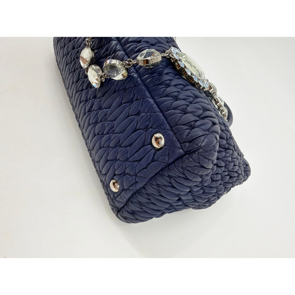 Miu Miu Nappa Crystal Matelasse Top Handle Tote Navy Blue Leather Chain Strap