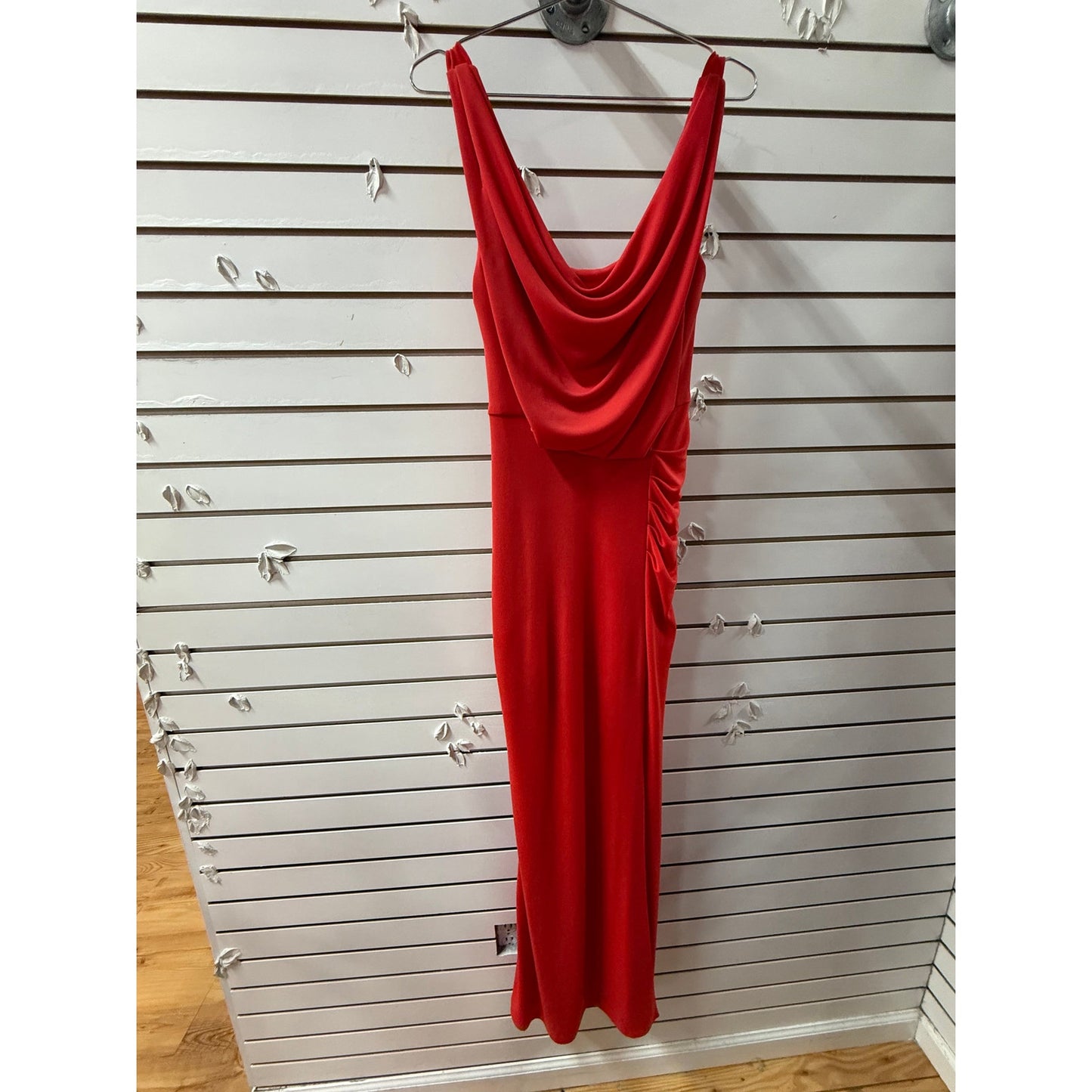 BCBGMAXAZRIA Lena Draped Scoop Back High Slit Maxi Evening Dress