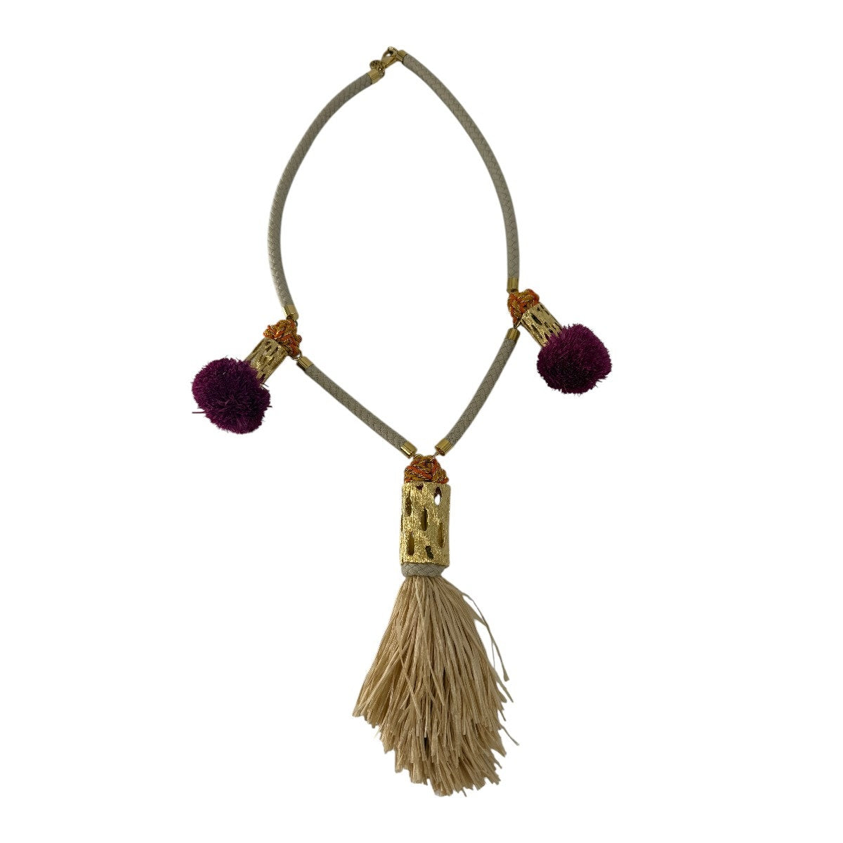 Tory Burch Beige Rope Tassel Statement Necklace Gold Tone Pom Pom