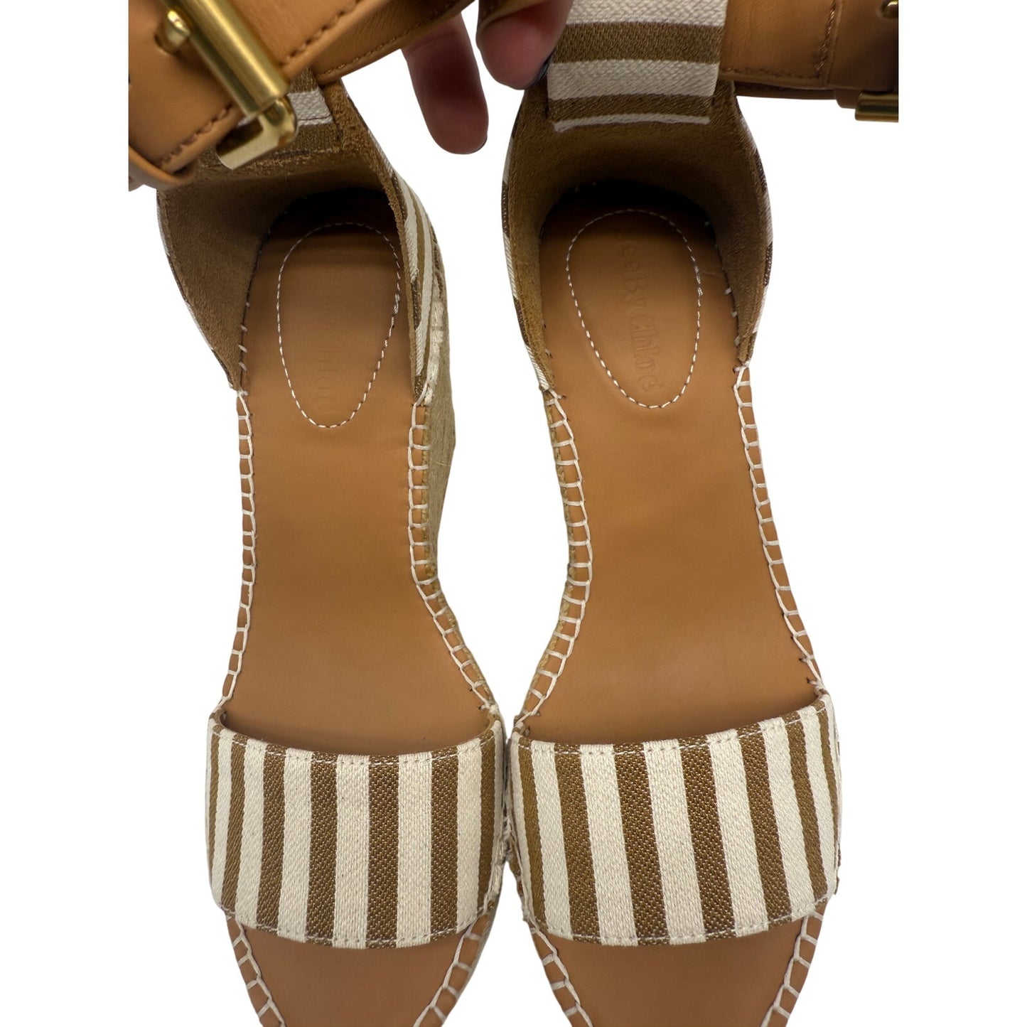 See by Chloé Leather Canvas Glyn Stripe Wedge Espadrille Sandals