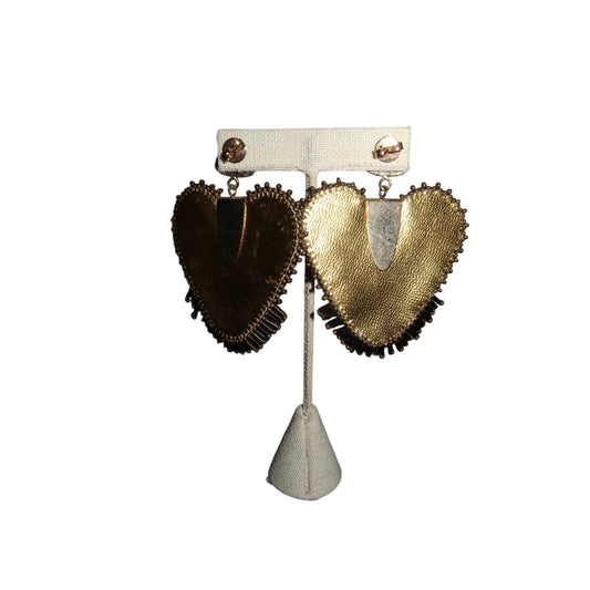 Sparkle Heart Beaded Earrings Large Brown Gold Drop Statement Women's OS