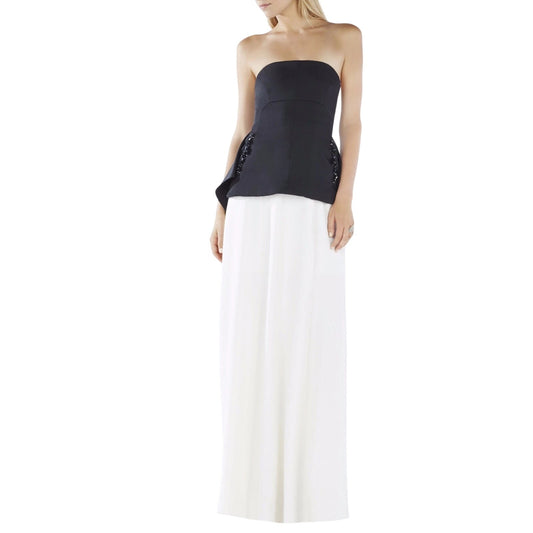 Bcbgmaxazria Evianna Strapless Pleated Peplum Maxi Dress Black/White Size 4